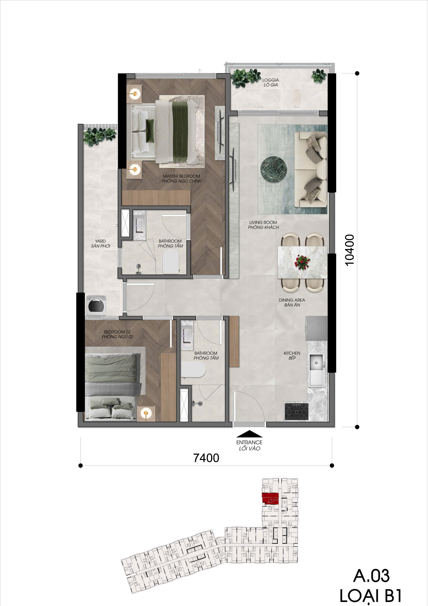 thiết kế căn hộ 2 PN diện tích 75m2 của dư án Khải Hoàn Imperial Bình Dương